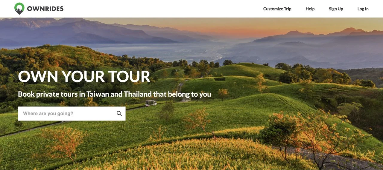 The OWNRIDES website, with a mountain landscape and a search for private tours in Taiwan and Thailand.