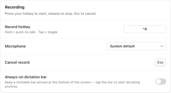 Vibeking’s recording settings: a configurable shortcut, microphone selection, Escape to cancel, and an optional always-on dictation bar.