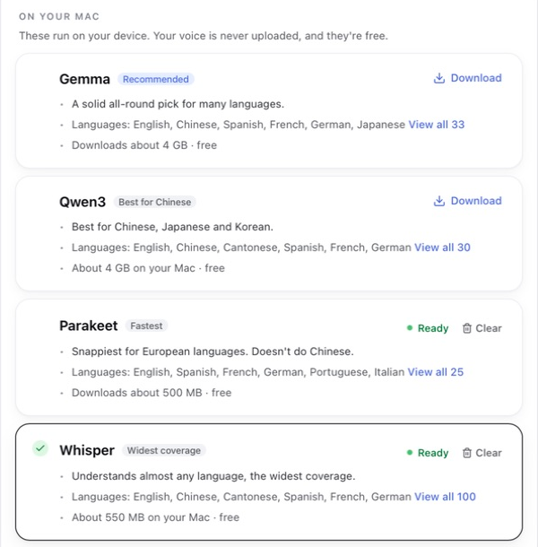 Four on-device speech recognition choices in Vibeking: Gemma, Qwen3, Parakeet, and Whisper. Whisper is selected; installed models show Ready.