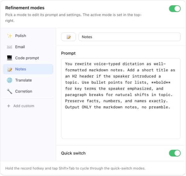 Vibeking’s refinement editor with Notes selected beside Polish, Email, Code prompt, and Translate. The note-formatting instruction can be edited.
